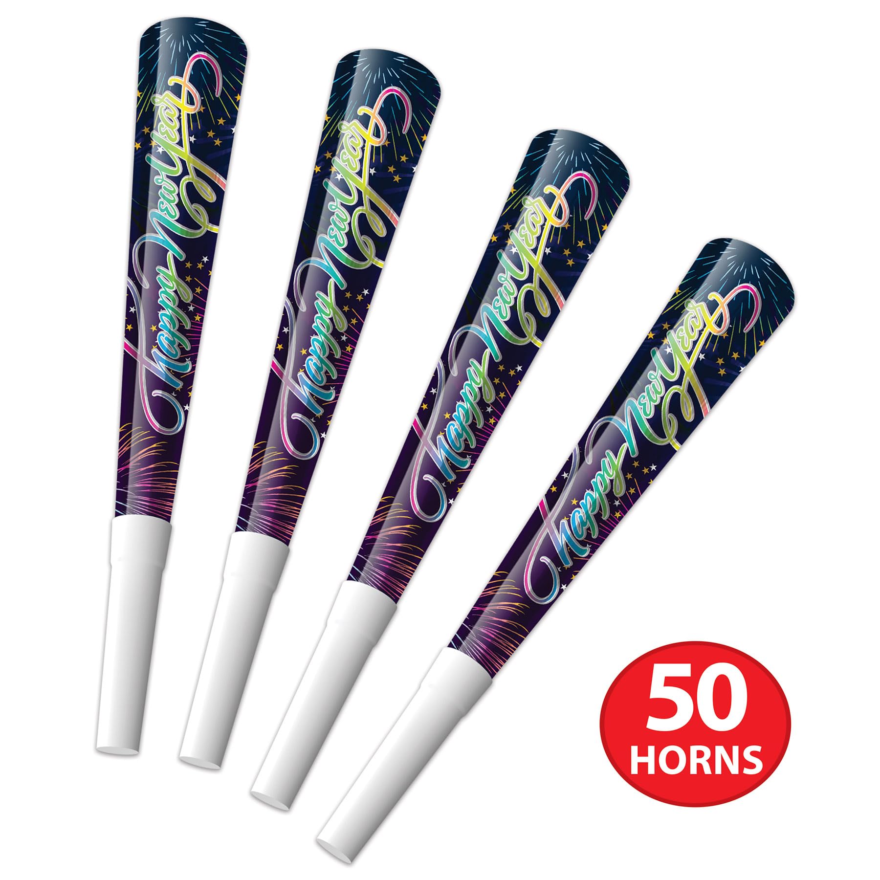 Beistle Silvester-Sortiment, Party-Set, Hi-Hats, 25 Fransen-Tiaras und 50 bedruckte 22,9 cm Hörner mit Feuerwerk-Design, NYE Supplies und Gastgeschenke, Einheitsgröße, blau/mehrfarbig