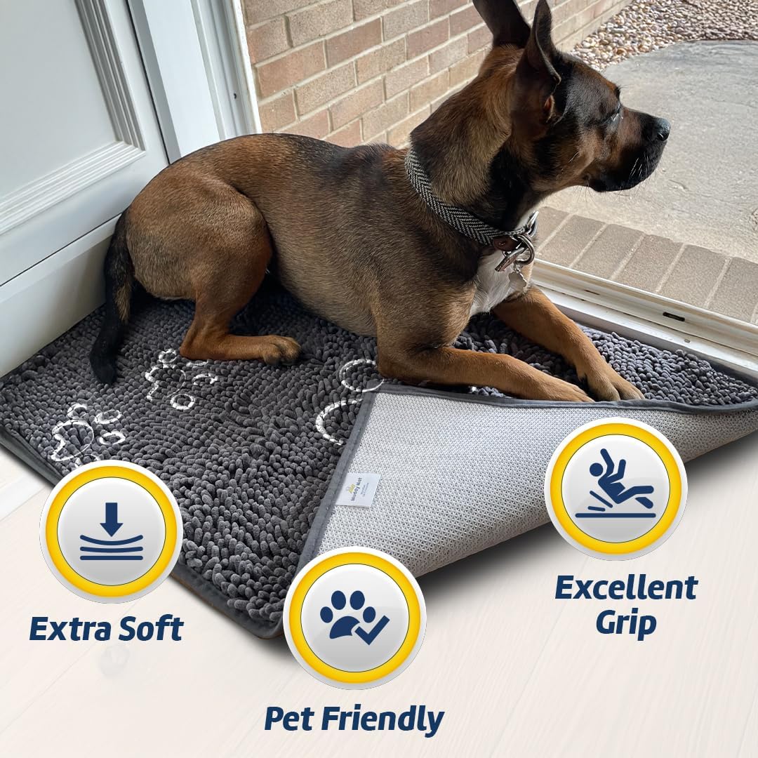 Muddy Mat® Paw Dog Door Embroidery Mat Super Absorbent Microfiber Indoor Outdoor mat for Muddy Paws, Non-Slip Washable Pet Rug, Quick Dry Chenille Entryway Carpet, Machine Washable – Grey 19”x30”