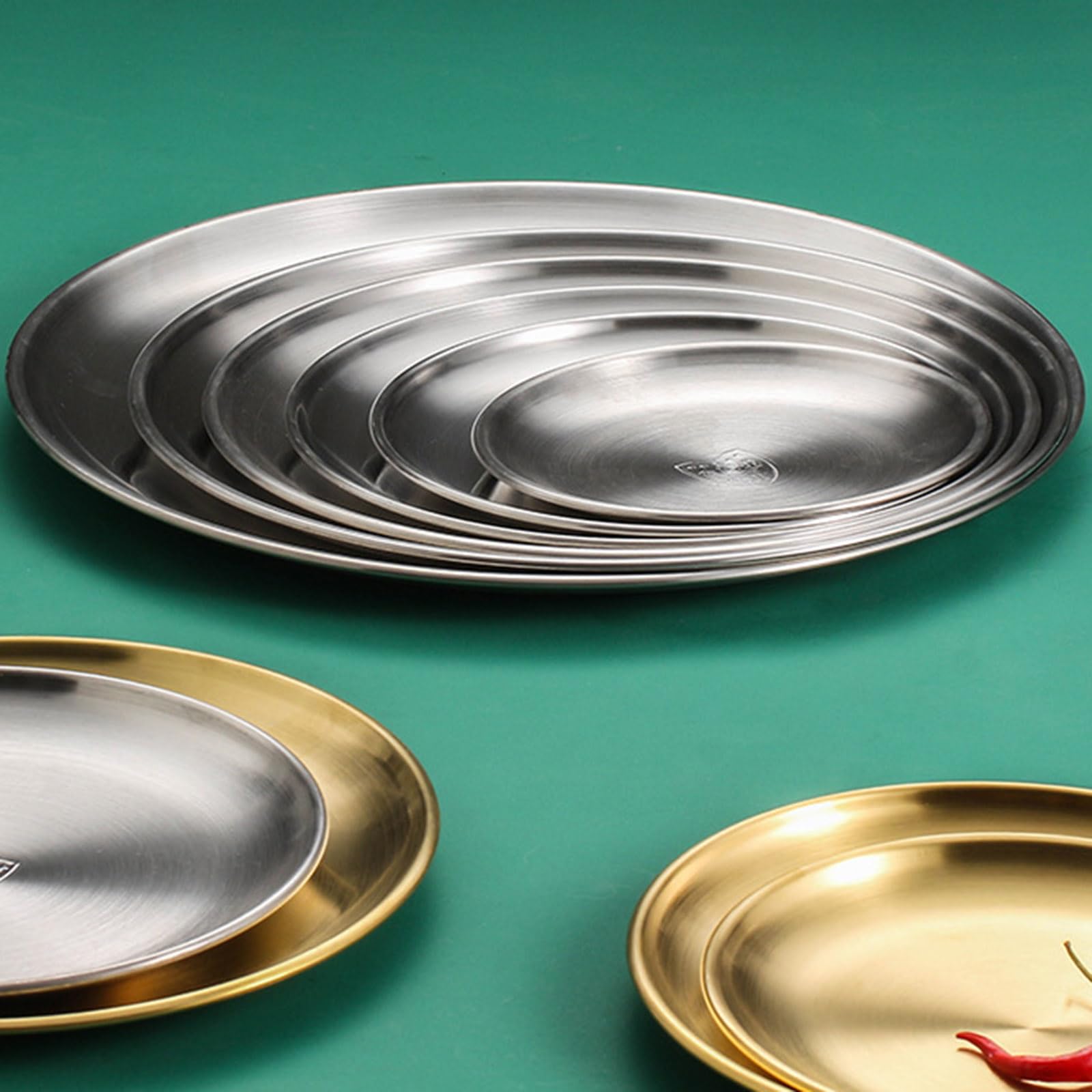 Juego de 4 elegantes platos llanos, platos de servir de acero inoxidable 304, platos llanos, adecuados para el entretenimiento y el uso diario