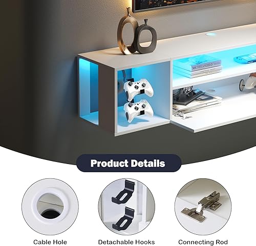 Miniatura 6 de soges Soporte de TV flotante con luces LED, estante de televisión para TV de 43 pulgadas, consola multimedia montada en la pared con ganchos para