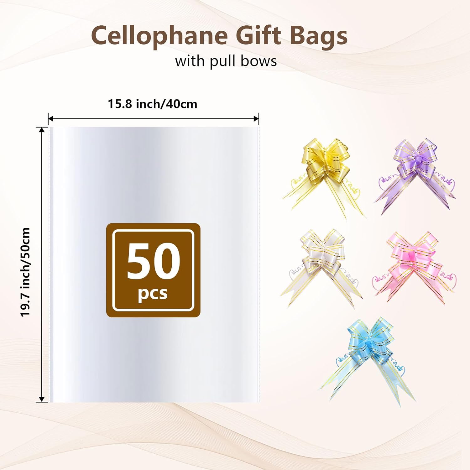 Boensi 50 Pack Cellophane Bags with Pull Bows,16x 20 Inches Clear Hampers Bags for Gift Baskets,Halloween, Easter, Christmas Fruit Basket and Gift Packaging - Image 2