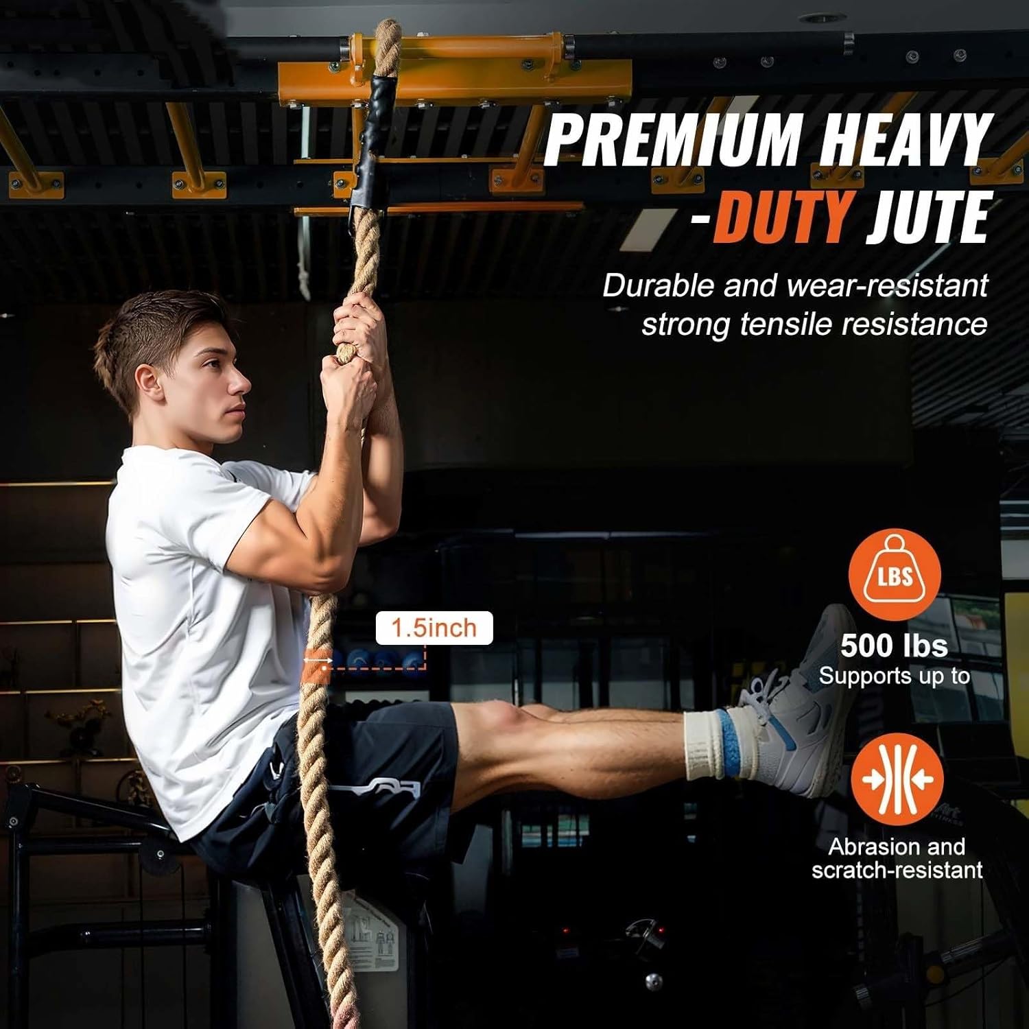 1.5" Gym Climbing Rope - 25FT Fitness Rope for Strength Training, Indoor Exercise, Tug of War, Home Gym Equipment with Hooks