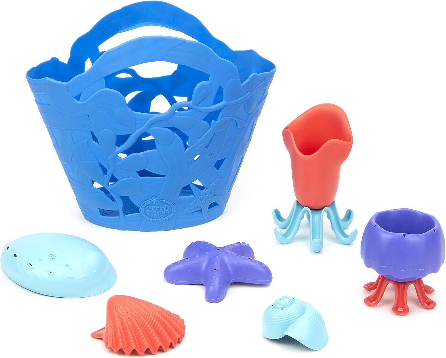 Green Toys Oceanbound Tide Pool Set - 7 Piece Pretend Play, Motor Skills, Kids Bath Toy Floating Pouring Shells with Storage Bag. No BPA, phthalates, PVC. Dishwasher Safe, Recycled Plastic, Made in USA.