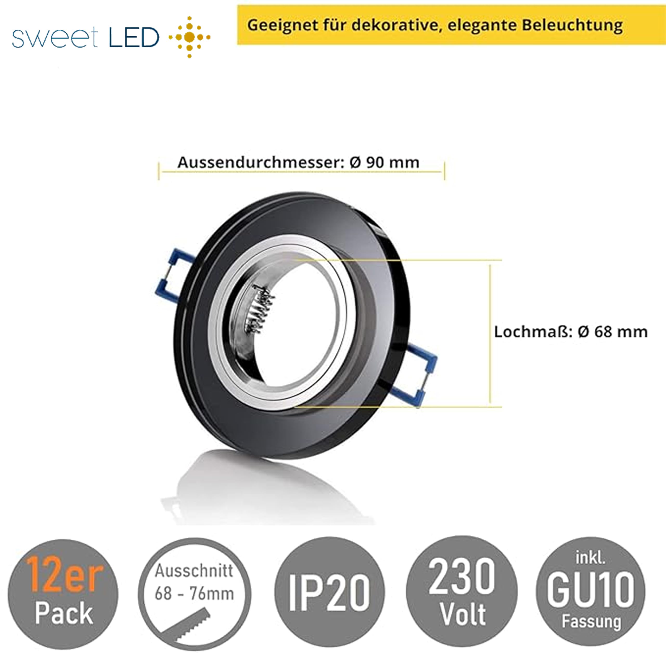 Sweet Led Einbaustrahler 230 V 12er Set – GU10 Deckenspots aus Glas Schwarz inkl. Fassung, Einbaurahmen, Ø 68 mm Runde Rahmen für Decke