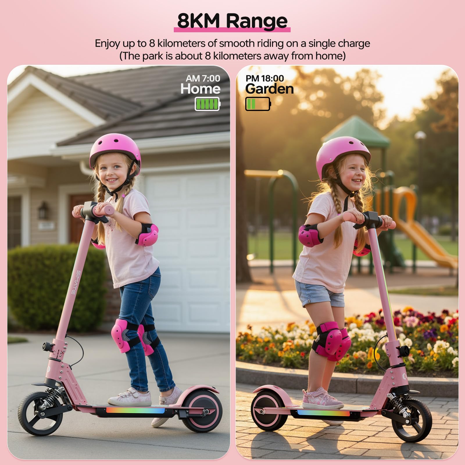 S5 Patín eléctrico para niños, Scooter Plegable para niños con iluminación LED, Ruedas Todo Terreno de 6.5", Velocidad hasta 14 km/h, para Edades de 6 a 14 años, Rosa