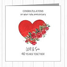 Personalised 40th Wedding Anniversary Card - Ruby - Red Heart With Roses