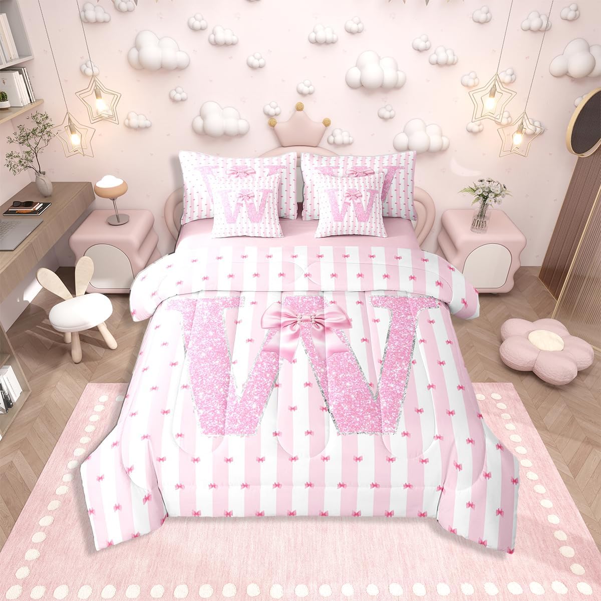 Erosebridal Pink Bow 7 Pcs Bedding Set Alphabet W Girls Bed in A Bag Queen Sizebowknot Glitter Comforter Set with Sheets for Kids Teens Bedroom Decor Dreamy Princess Bed Sets