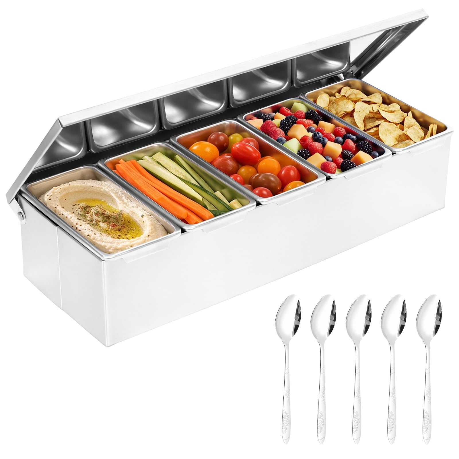 Eyoulife Silver Stainless Steel Condiment Holder With Spoons, 5 Compartments