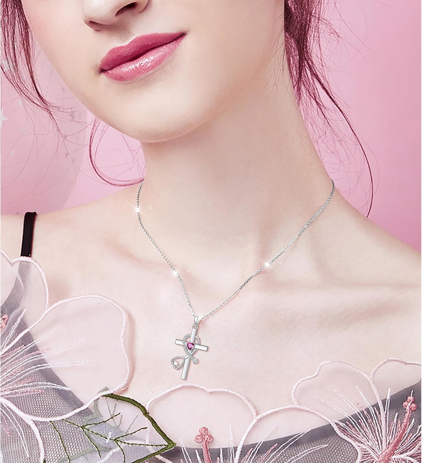 DAOCHONG S925 Sterling Silver Cross Pendant Necklace for Women Men Note Music Flower Pentacle Jewelry