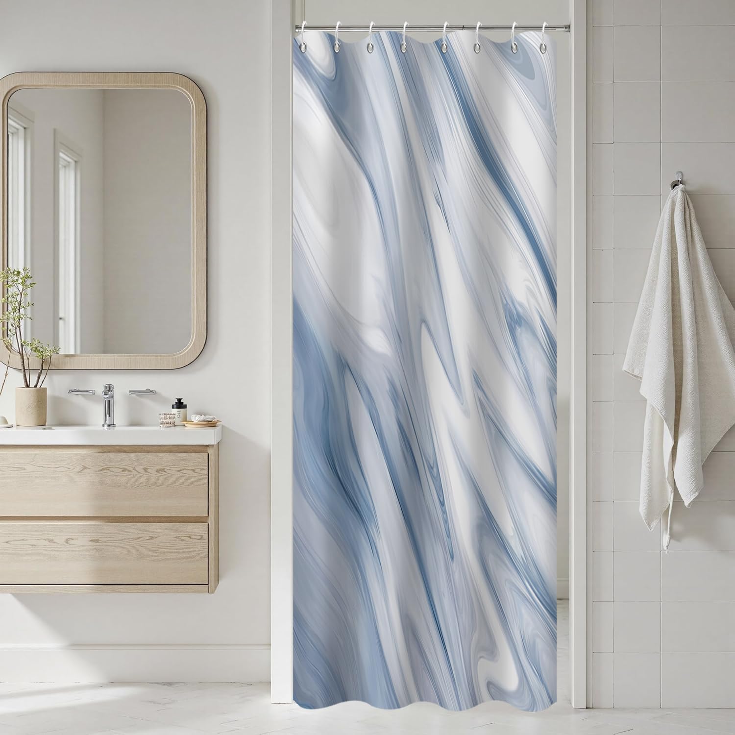 GCIREC Blue Marble Stall Shower Curtain, 90x180cm, Navy Blue Mix White Ombre Modern Abstract Wave Luxury Bathroom Curtain Bathtub Home Decor Waterproof Fabric Machine Washable with Hooks — image 1