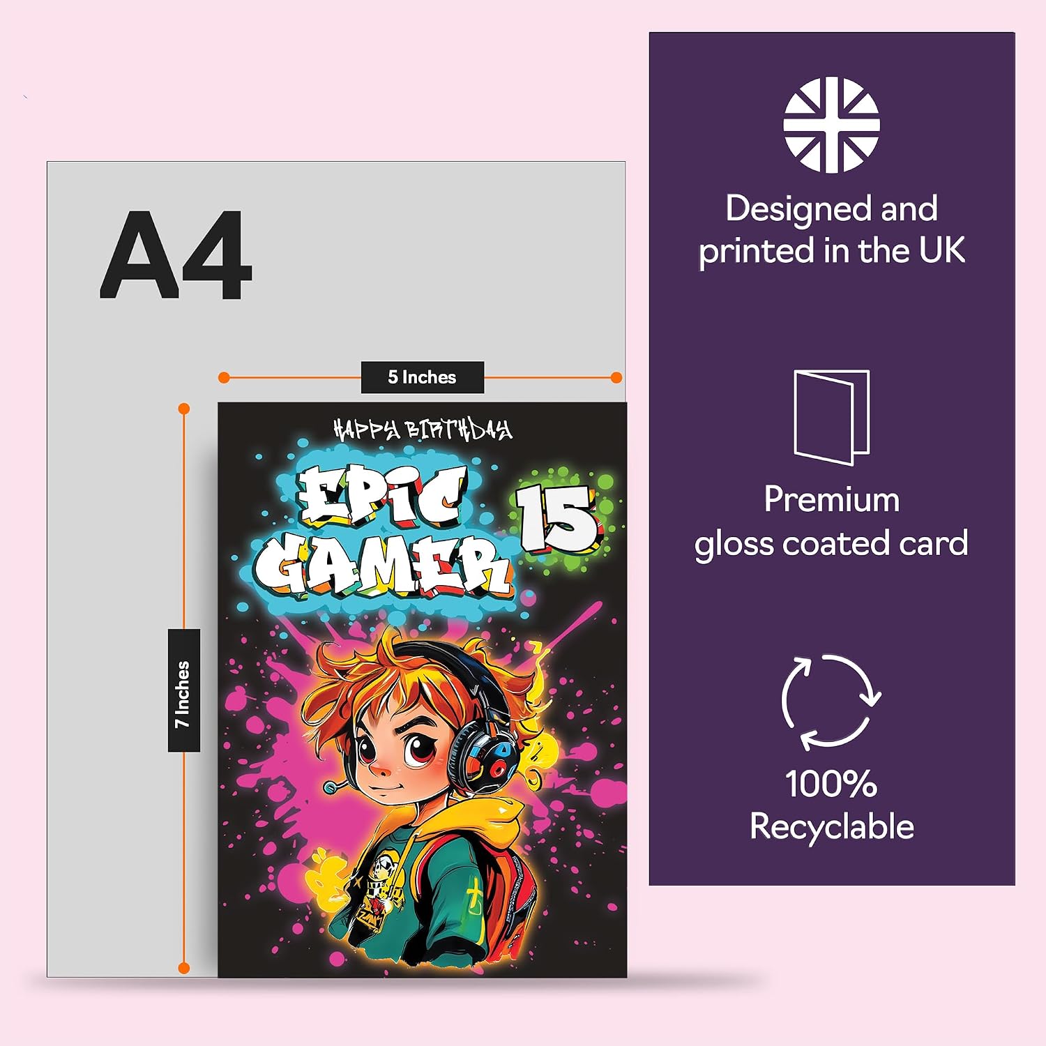 Giftzie 15th Birthday Card boys - Epic Gamer boy - Happy Birthday Card for 15 Year Old boy Kids, 5x7 Inch Fifteen Fifteenth Bday Video Game Gaming Greeting Cards