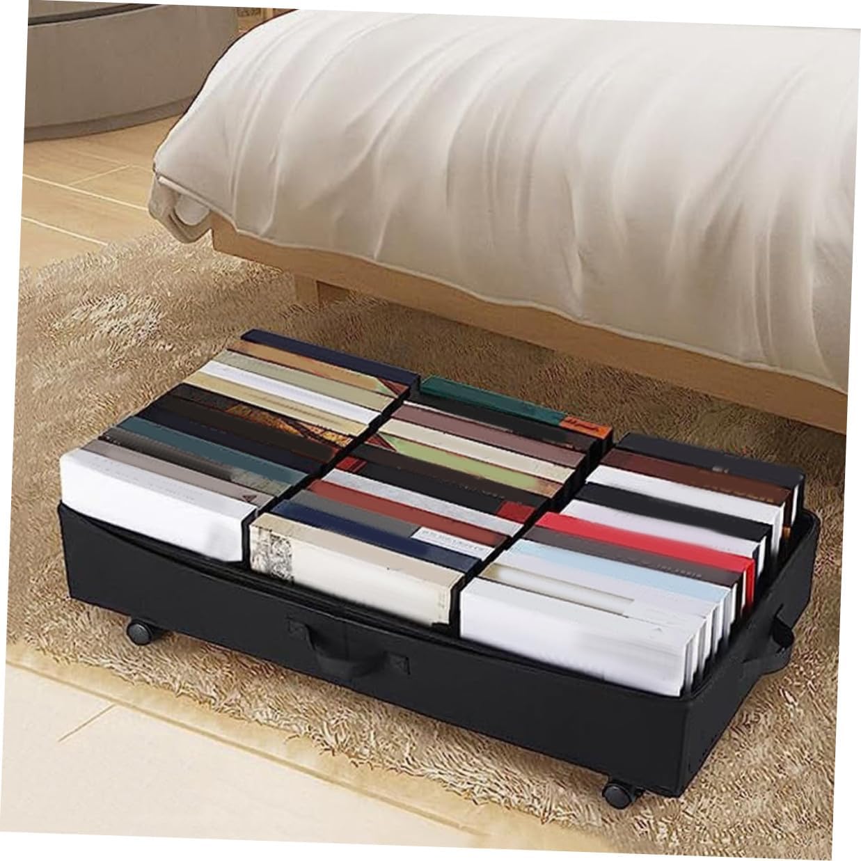 Sewroro Bed Storage Container with Wheels 3-grid Oxford Cloth Multipurpose Storage Case Zippered Dustproof Organizer for Clothes Quilts Bedroom