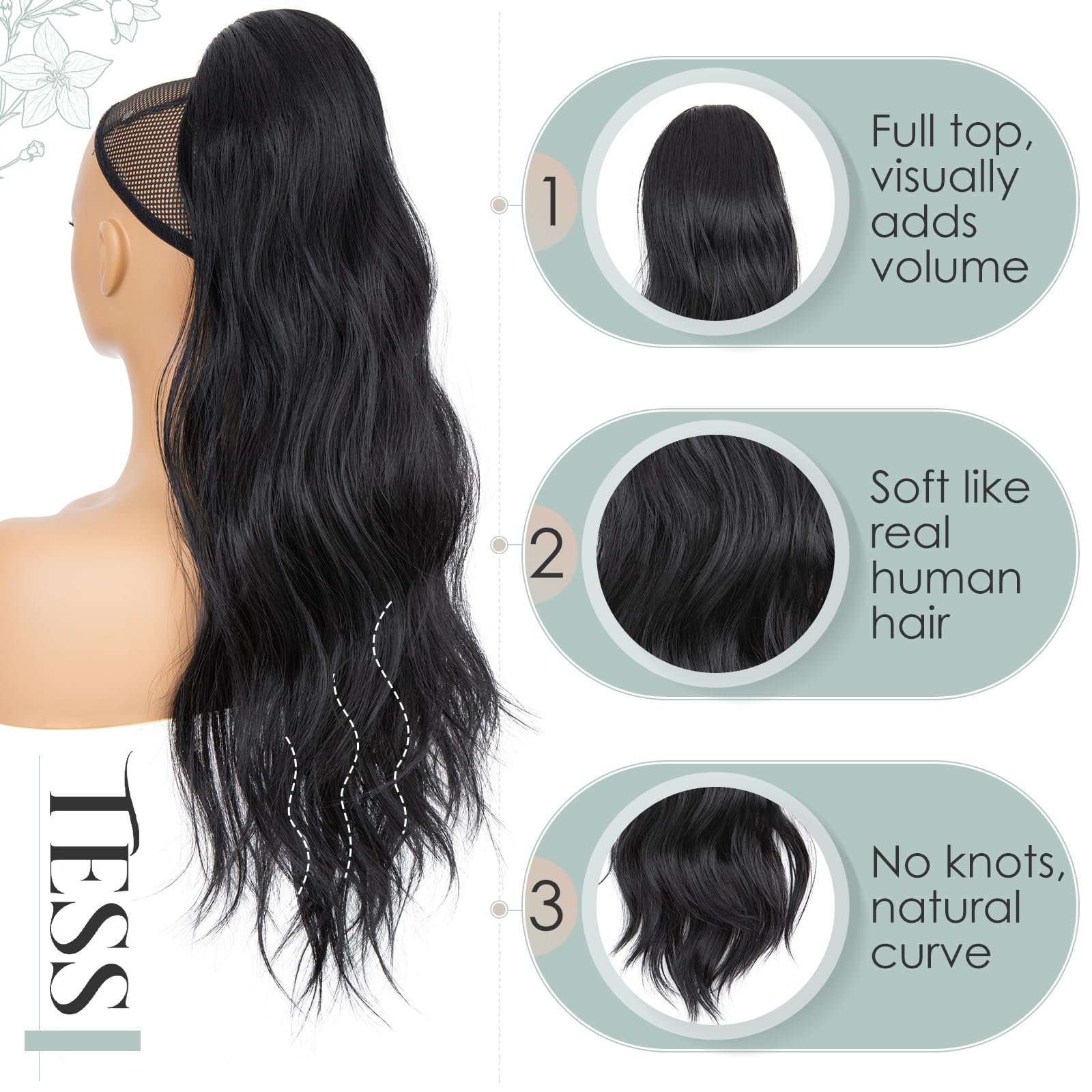 TESS Wavy Ponytail Extension, Drawstring Clip in Ponytail Hair Extensions, Long Hair Extensions Ponytail, 26 Inches 120g, Jet Black - Image 3