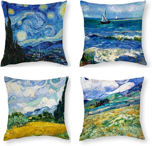 HOSTECCO Vincent Van Gogh Cushion Covers Pack of 4 Abstract Pillow Covers Square Decorative Pillow Cases for Sofa Couch Bed 45x45 cm