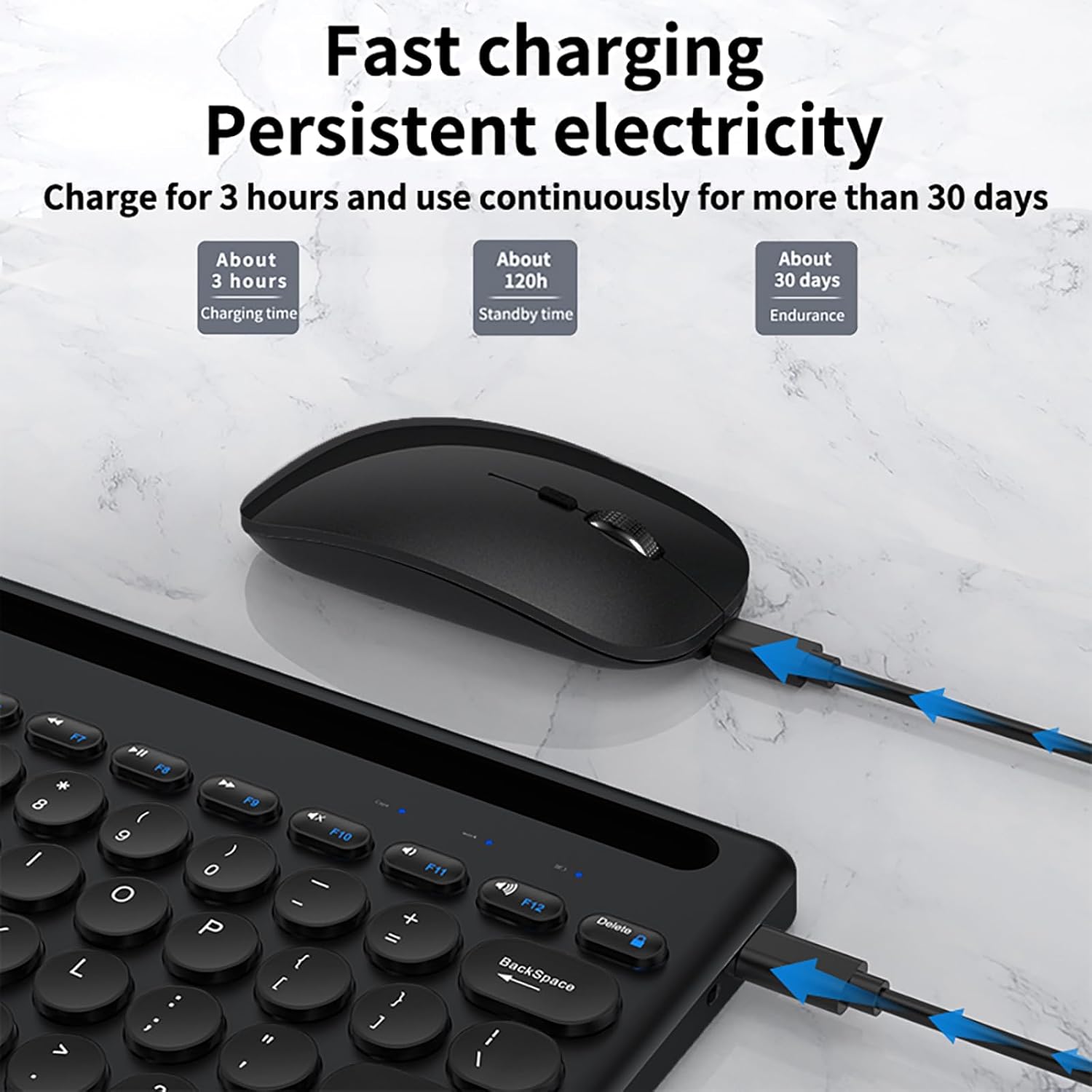 Wireless Keyboard and Mouse Combo with Phone Tablet Holder, Rechargeable Dual-Mode (Bluetooth 5.0 and 3.0 +2.4G) Multi-Device Silent Mouse for Windows, iPad, Tablet, MacOS,iOS,Android (Black) image 6 of 8 B0FDGPD8GP