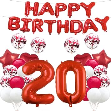GLZLMM 20th Birthday Balloon 20th Birthday Decorations Red 20 Balloons Happy 20th Birthday Party Supplies Number 20 Foil Mylar Balloons Latex Balloon Gifts for Girls,Boys,Women,Men