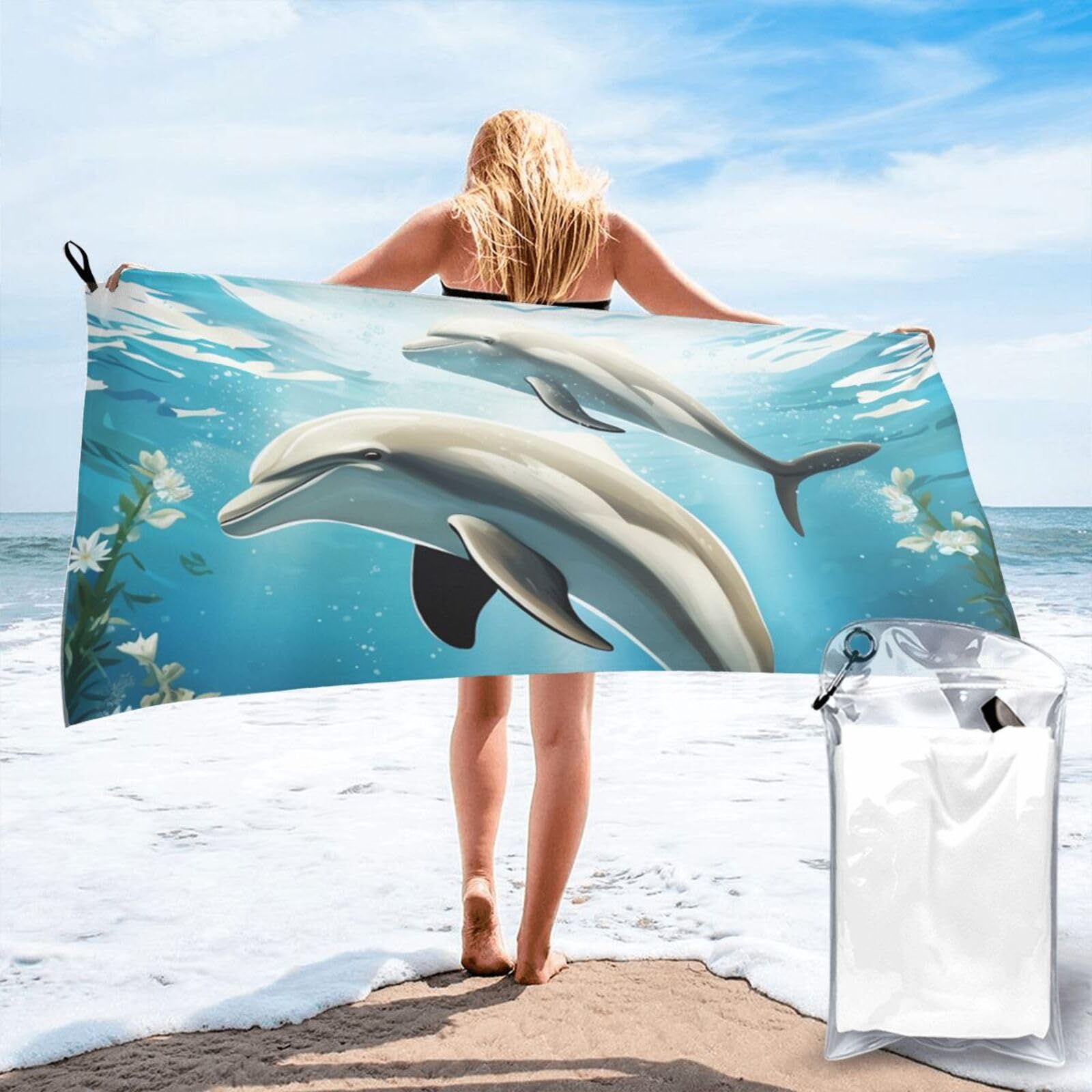 DWVTSLH Microfiber Sand Free Beach Towel 31.5"x63", Quick Dry Absorbent Travel Towel Large Camping Blanket, Kiss Dolphin Tale Bath Towels Lightweight Pool Swim Towels for Vacation Essentials