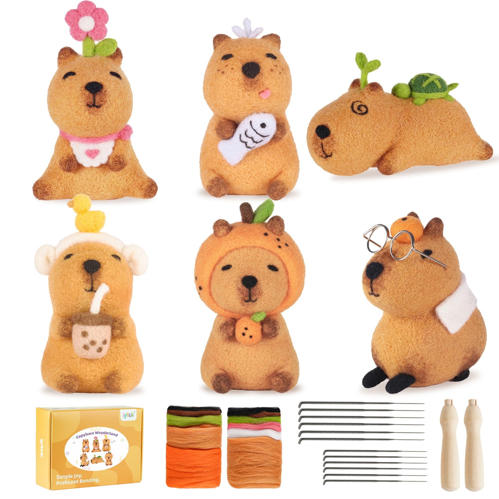 iptek Needle Felting Kit, 6 PCS Farm Animal Needle Felting Beginner Kits, Wool Felt Needle Felting Tools Foam Pad, Craft Party Supplies for Beginners Adult(6pack Capybara)