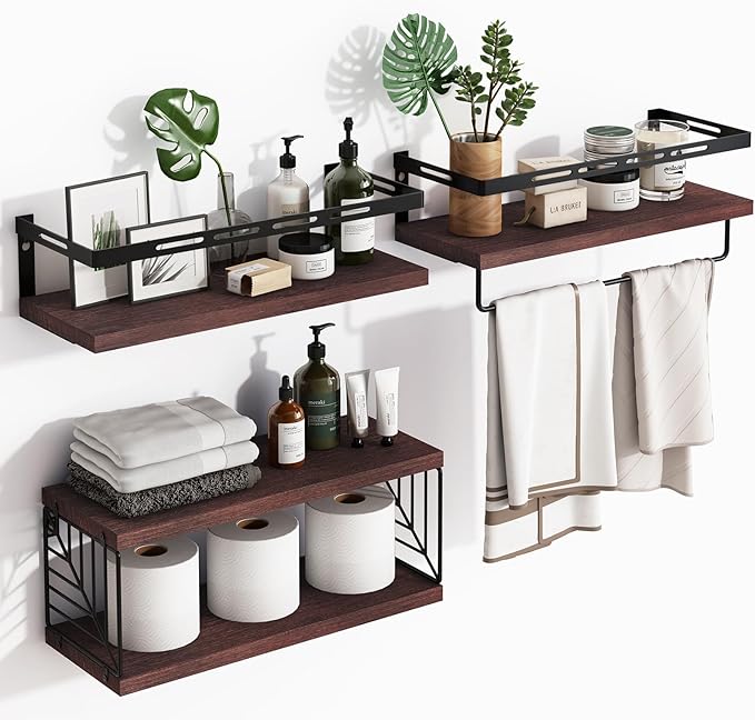 Fixwal 3+1 Tier Wall Mounted Bathroom Shelves Over Toilet, Rustic Wood Floating Shelves with Metal Frame and Towel Bar for Bathroom, Kitchen, Bedroom, Living Room (White)