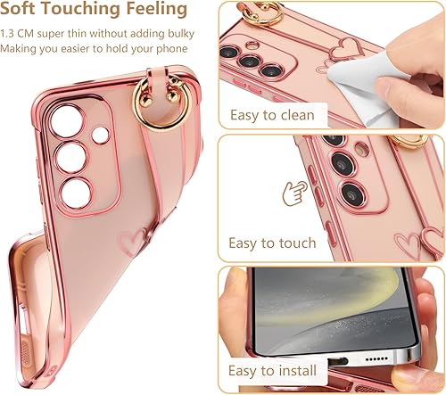 Vista 9 de ZTOFERA Funda para Samsung Galaxy S22 Plus 5G con correa para la muñeca, bonito borde chapado de lujo, patrón de corazones de amor para niñas y Azul