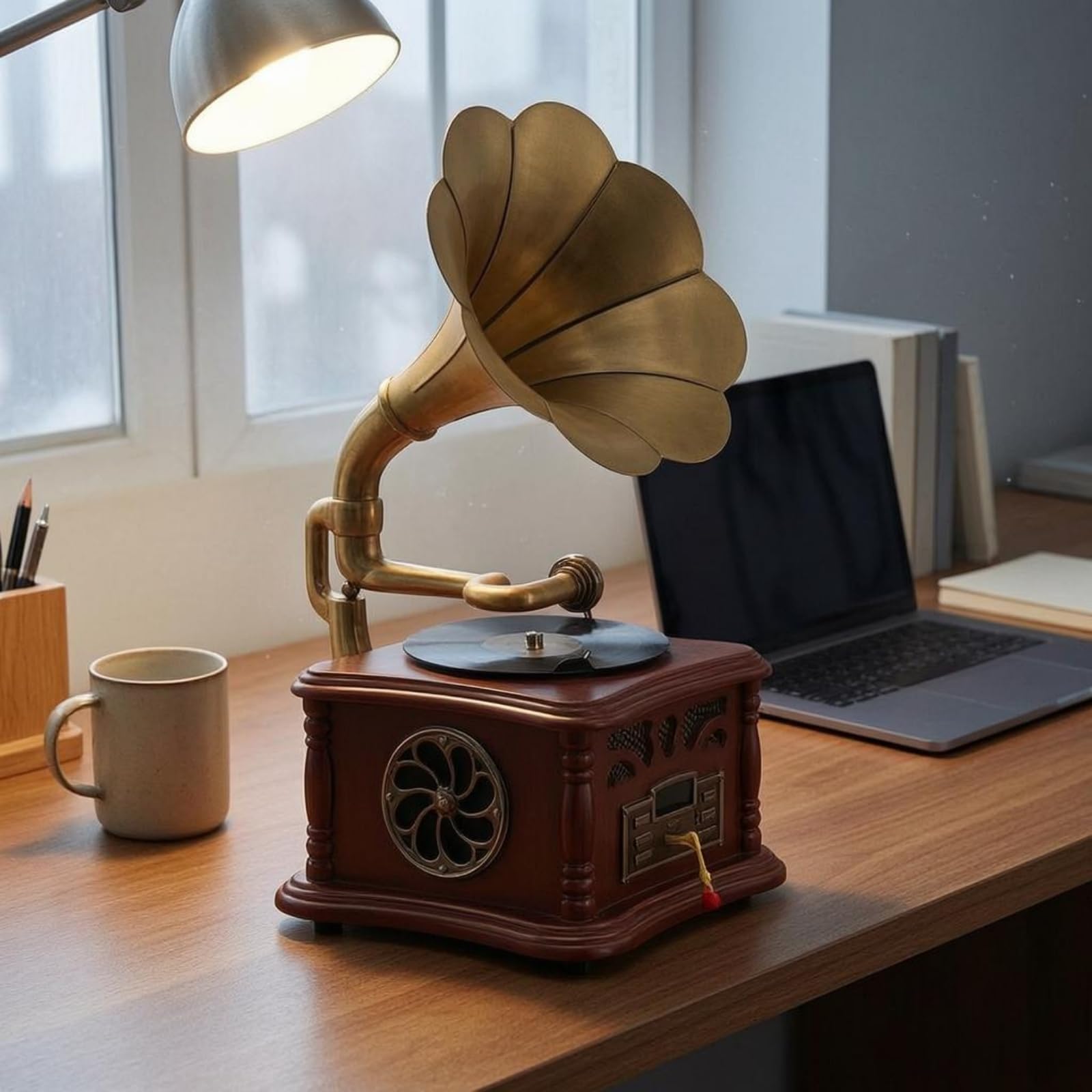 Altoparlante a Tromba Bluetooth Altoparlante Stile Giradischi Ornato Elettronica Domestica per Ascolto in Casa, Esposizione Interna, Bianco