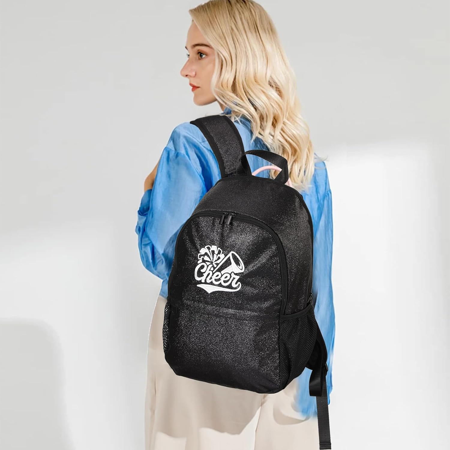 Glitter Cheer Backpack with 1 Bow Keychains - Large Sparkle Cheerleading Bags Cheerleaders Gift for Cheer Team(Black)