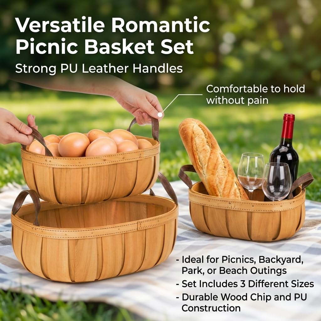 Goaste Paquete de 3 cestas de mimbre para pan, cesta de picnic con asas, cesta de cosecha tejida a mano, cestas de almacenamiento rústicas de frutas y verduras para picnic, boda, regalo (naranja, 3