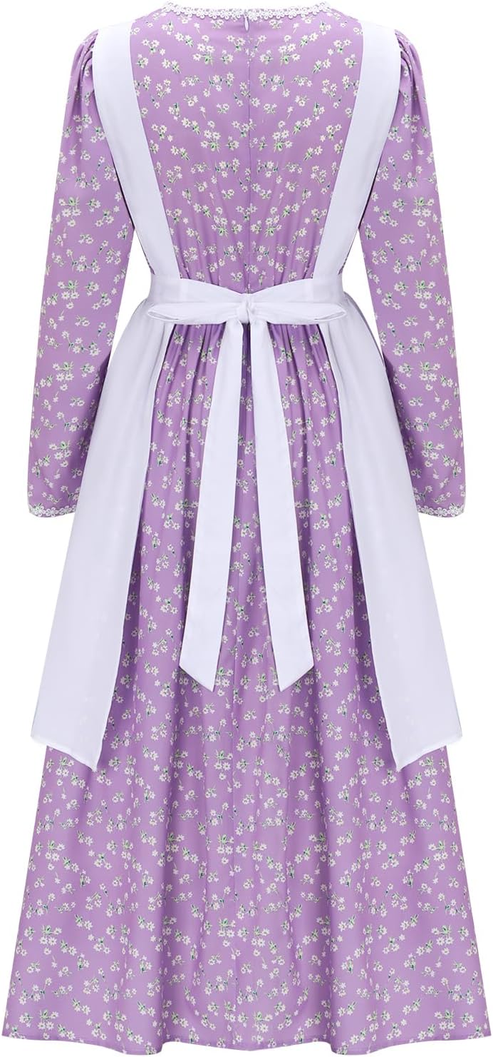 Victorian Maid Costume for Women Floral Pioneer Dress with Hat and Apron Long Sleeve Prairie Modest Colonial Dress
