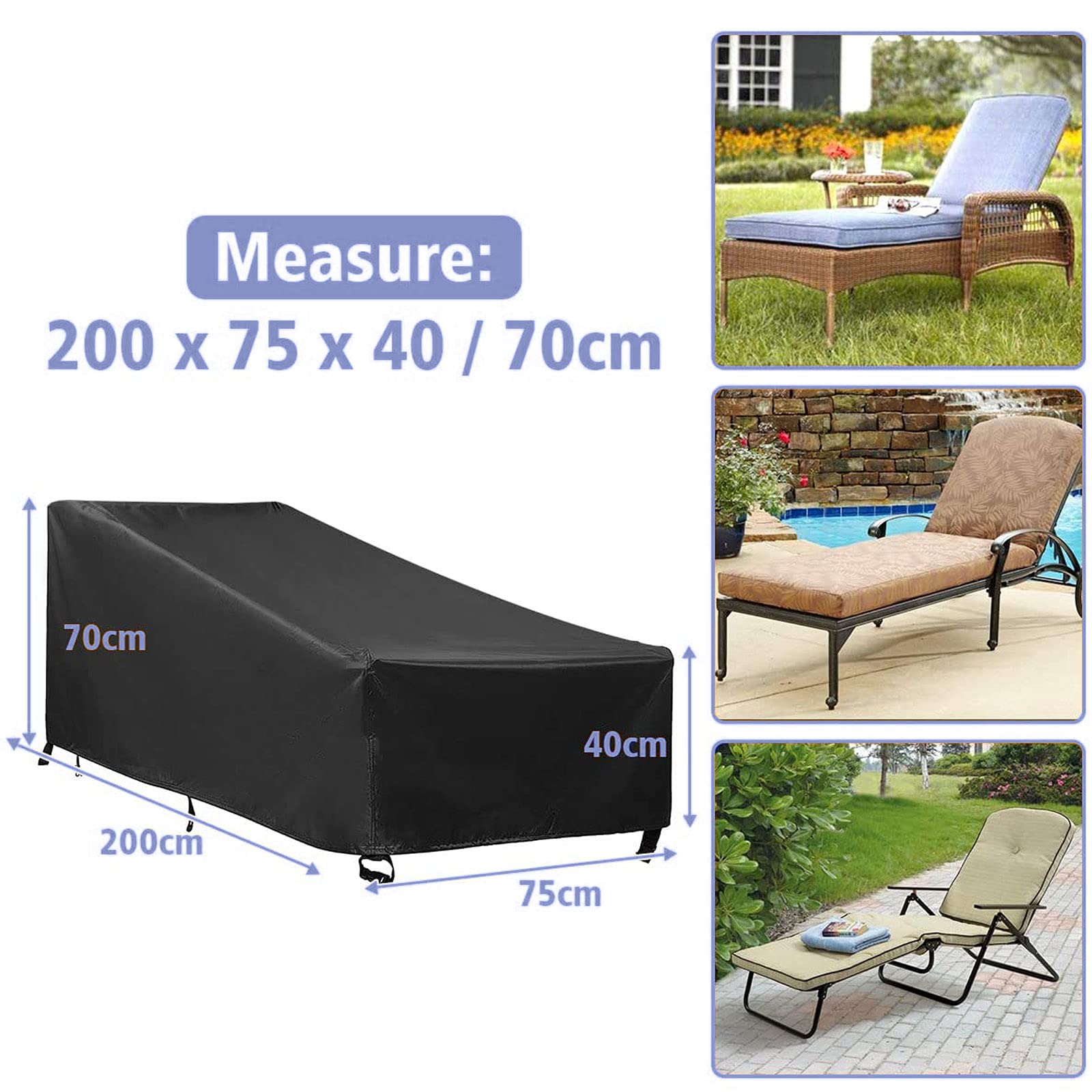 Lot de 2 housses de protection pour chaise longue de jardin avec 4 boutons coupe-vent 210D Oxford 200 x 75 x 40/70 cm
