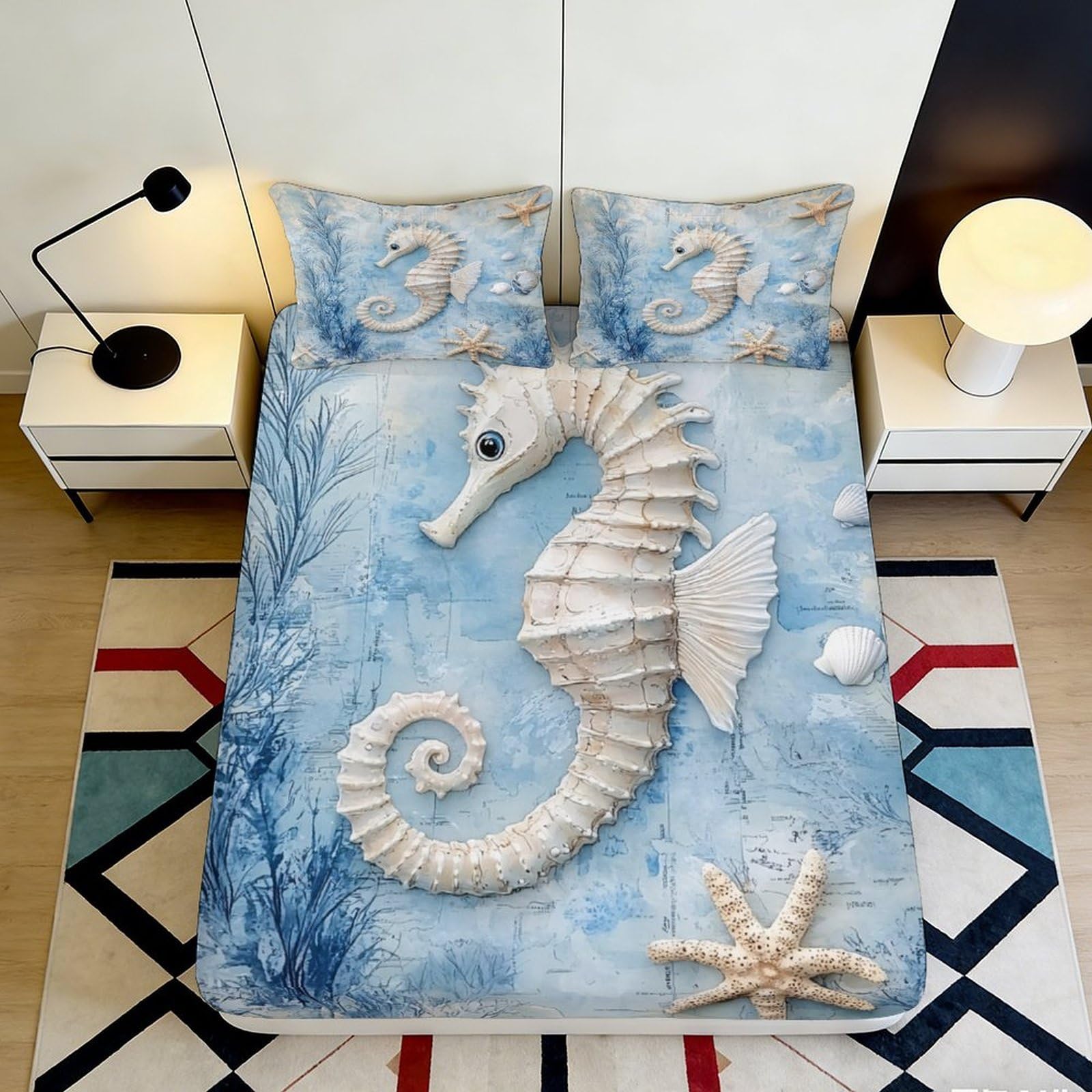 3D Printed Seahorse Ocean Fitted Sheet Microfiber Soft Breathable Starfish Bed Cover for Bedroom Dorm Mattress Protection Decor 90x200x25cm