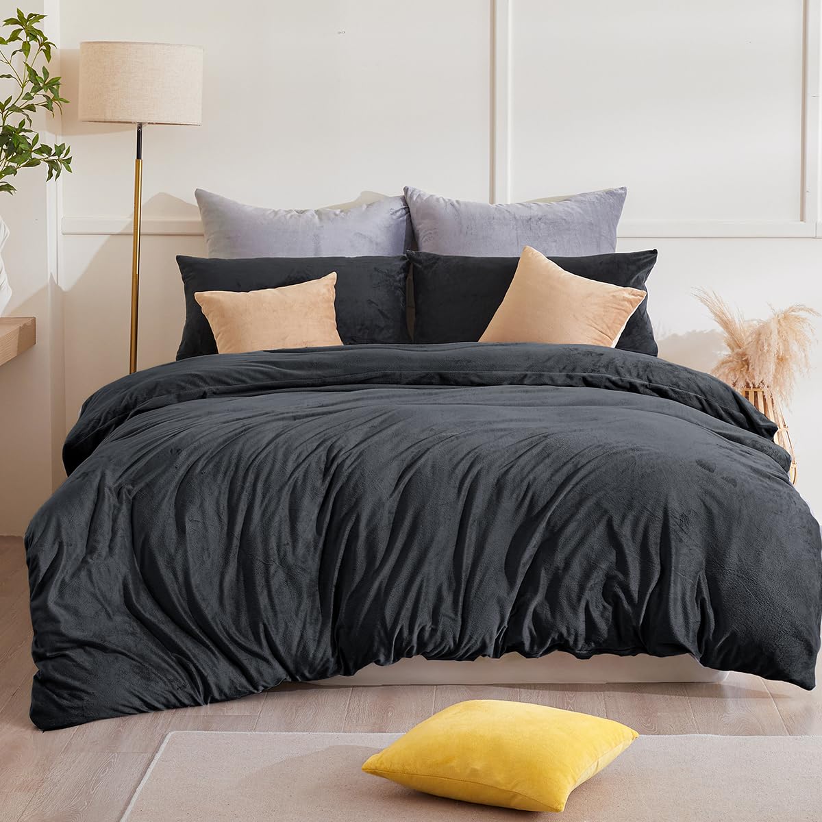 Beqnat Winter Flanell Bettwäsche 200x200 3teilig Warme Flauschige Teddy Plüsch Bettwäsche Sets Cashmere Touch Winterbettwäsche Fleece 1 Bettbezug + Kissenbezug 2er 80x80 mit Reißverschluss, Anthrazit