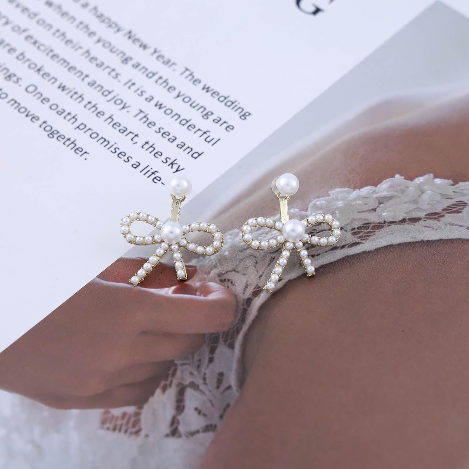 Bohemian Pearl Bow Jacket Earrings Gold Pearl Stud Earrings Small Pearl Bow Tie Earrings Minimalist Pearl Bow Earrings Jewelry for Women Gifts - Image 4