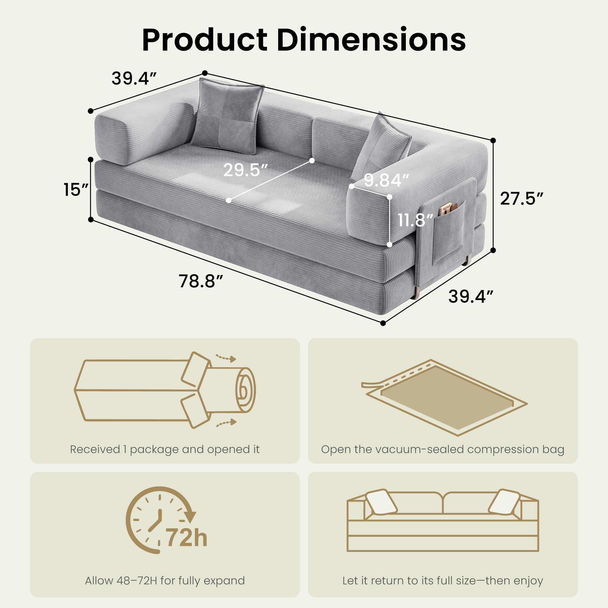 78.8" Convertible Futon Sofa Bed, Boneless Couch for Living Room | Corduroy Boneless Loveseat Sleeper Sofa, Modular Futon Couch with Storage Pocket, Pull Out Couch No Assembly | Grey
