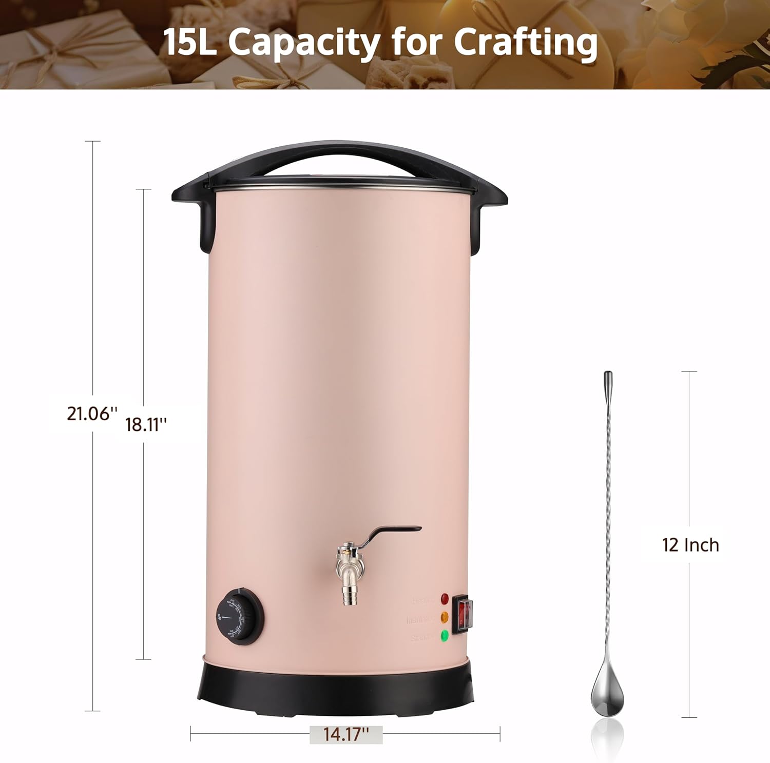 OFFNOVA Wax Melter, 15L Large Candle Making Pot with Heating Core Spout, Digital Display, Pink