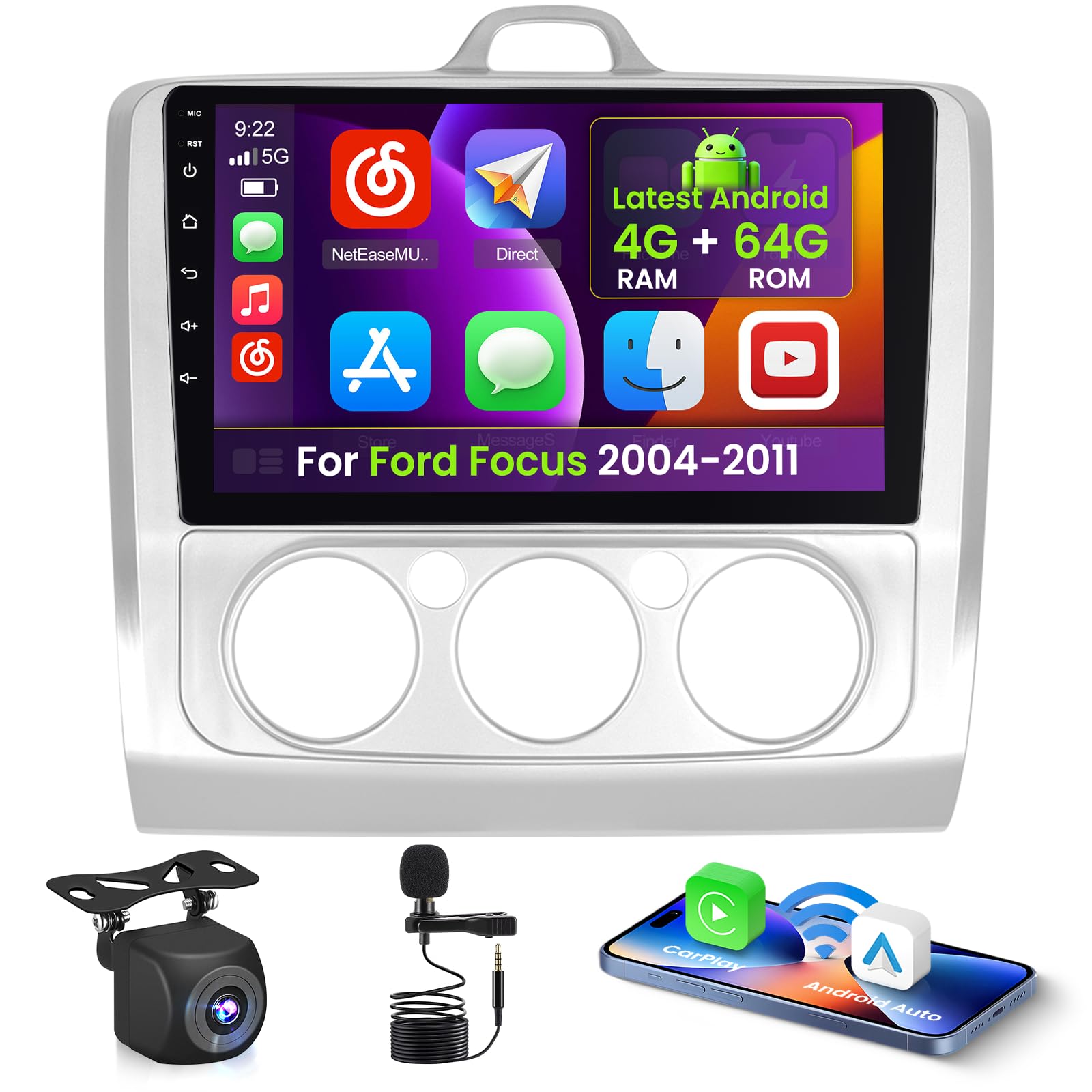 Inefala 2+64G Android 15 CarPlay Radio para Ford Focus 2004-2011, Pantalla Táctil de 9 Pulgadas con Inalámbrico CarPlay y Android Auto, Soporte Navegación GPS Mirror Link Bluetooth RDS AHD Wi-Fi DSP — view 10