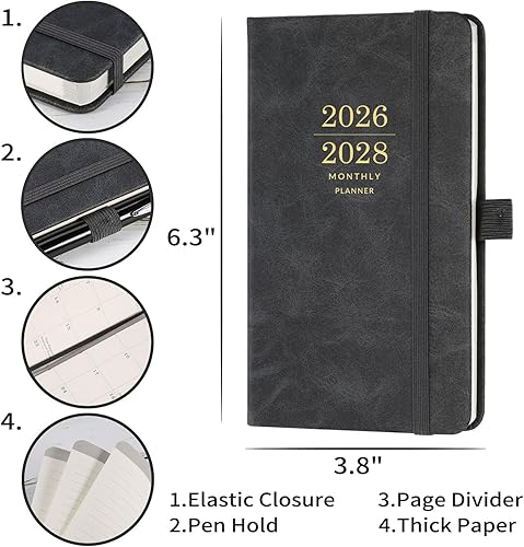 Miniatura 3 de Calendario mensual de bolsillo 2026-2028, planificador de 3 años con cubierta de piel sintética, enero de 2026 a diciembre de 2028, planificador