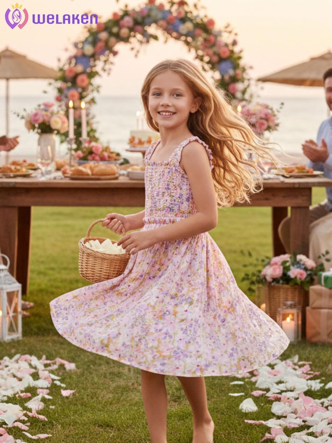 WELAKEN Girls Summer Sundress Criss Cross Back Ruffle Strap Elastic Waist Ruched Dress - Image 2