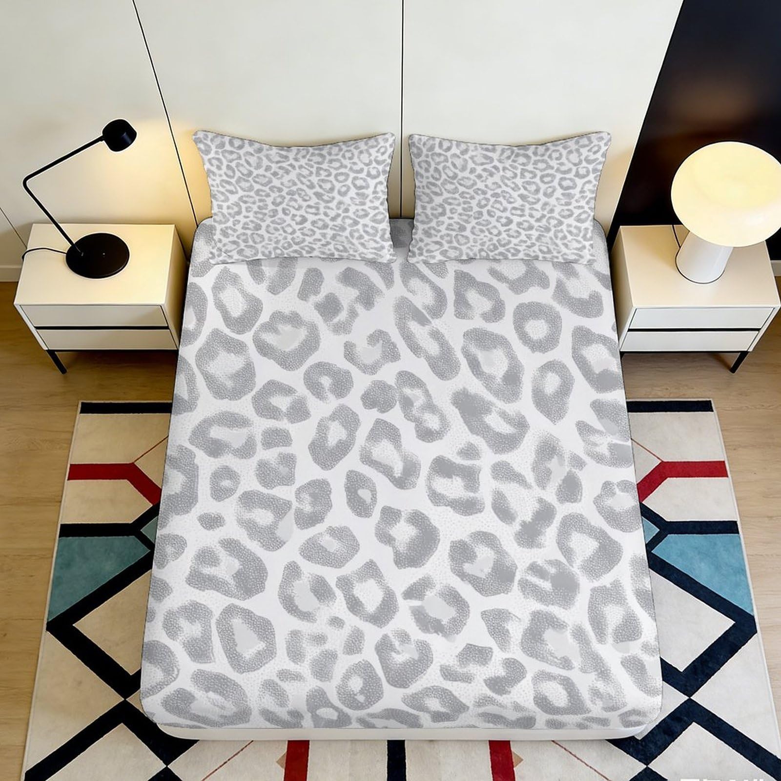 3D Printed Grey Leopard Fitted Sheet Microfiber Non Slip Animal Spots Mattress Cover for Bedroom Dorm Home Decor 90x200x25cm