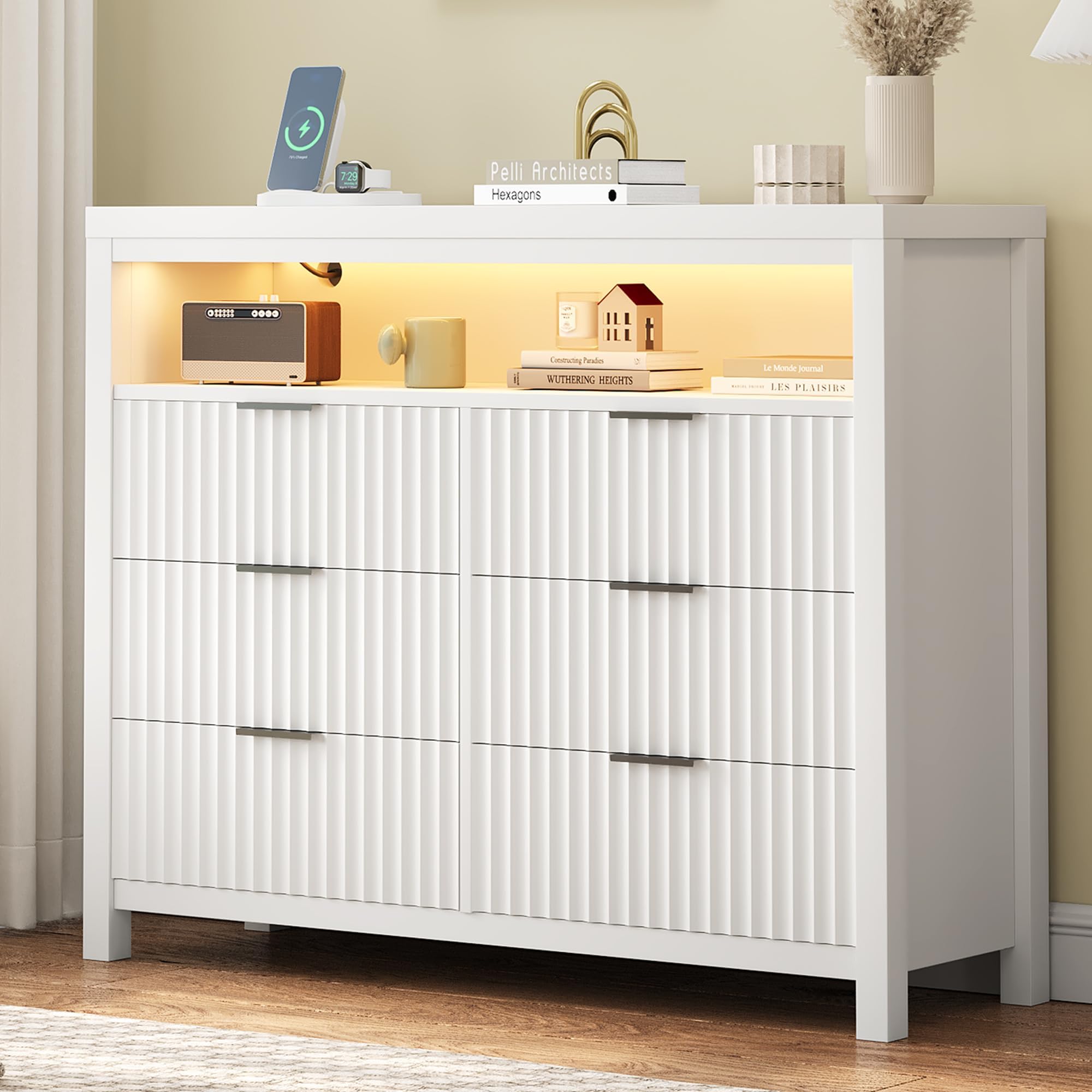 Fluted 6 Drawer Dresser with Power Outlet and LED Lights,Modern Long Chest of Drawers with Charging Station,Large Dresser TV Stand,Double Wooden Drawer Organizer for Bedroom,Living Room (White)