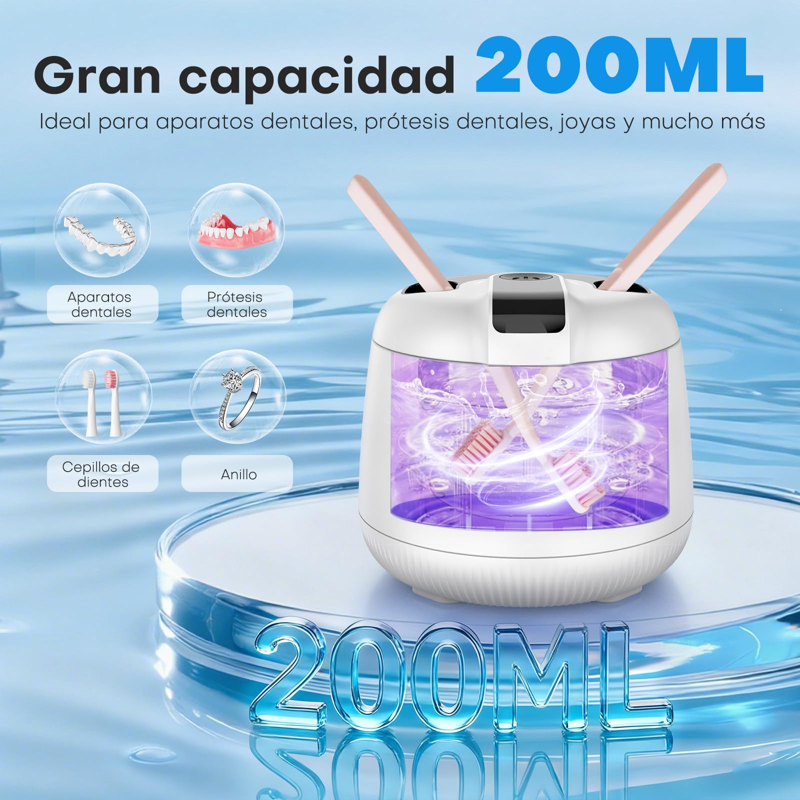 MEKO Limpiador Ultrasónico UV 48000 Hz para Férula Dental, Baño Ultrasónico 200 ml Silencioso con Temporizador Digital, Apto para Aparatos Dentales, Prótesis, Retenedores y Joyas de Plata