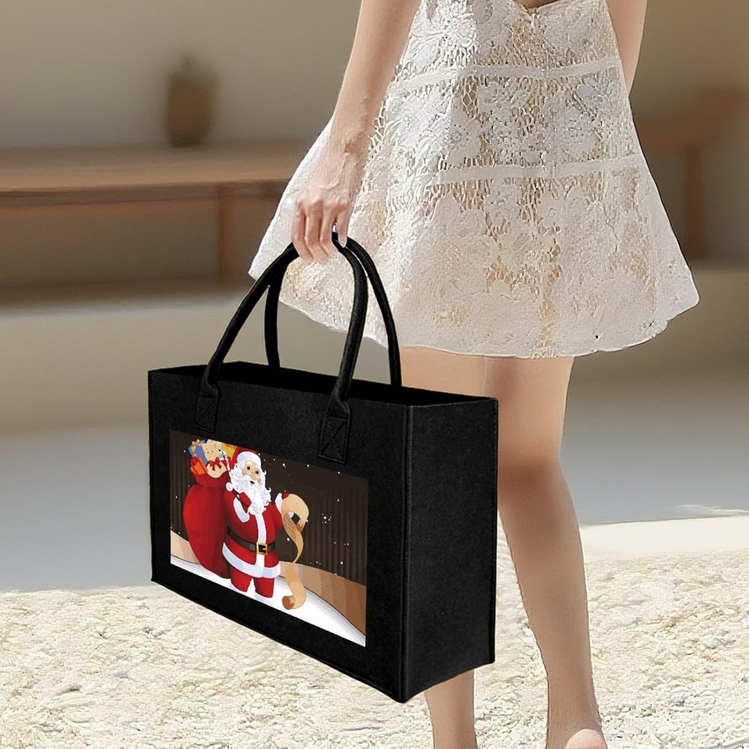 Merry Christmas Tote Bag for Unisex, Large Felt Shopping Bag with Handles, Handbag, Reusable Gift Bag