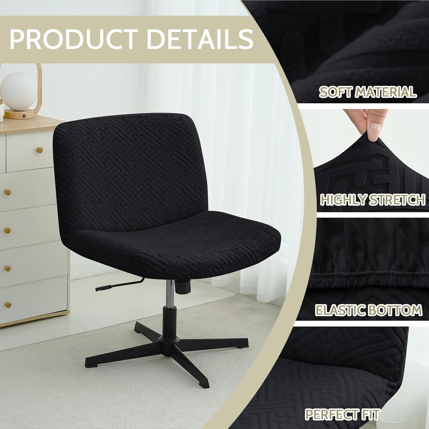 Criss Cross Chair Cover Water Resistant Jacquard Vanity Chair Cover Elastic Mid Back Wide Seat Armless Accent Chair Covers for Home Office Desk Chair(2PCS,Black)