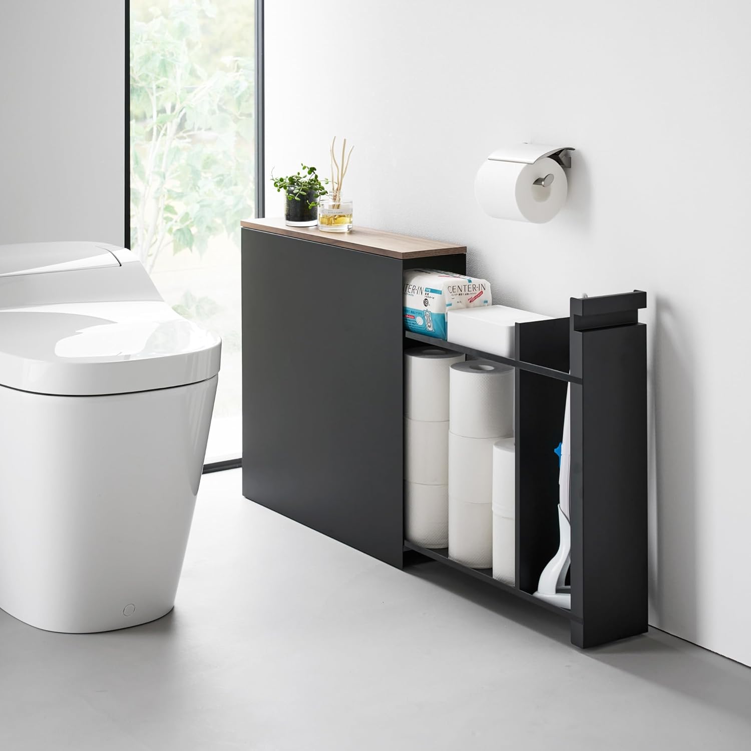 YAMAZAKI Home Pull-Out Bathroom Storage Cabinet – Slim Bathroom Storage Cabinet with Wood Top, Steel Organizer for Toilet Paper and Cleaning Supplies, Modern Space-Saving Design, Black - Steel + Wood