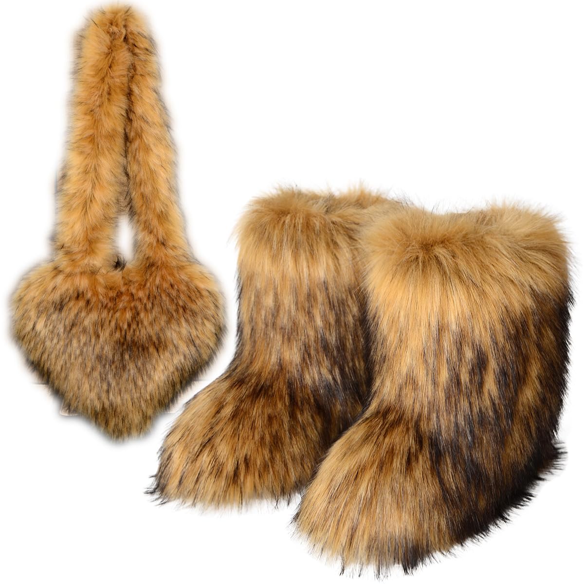 Rave Faux Mongolian Fur Fuzzy Boots Bags Set Y2K Furry Fluffy Snow Winter Boots Slip on Goth Emo