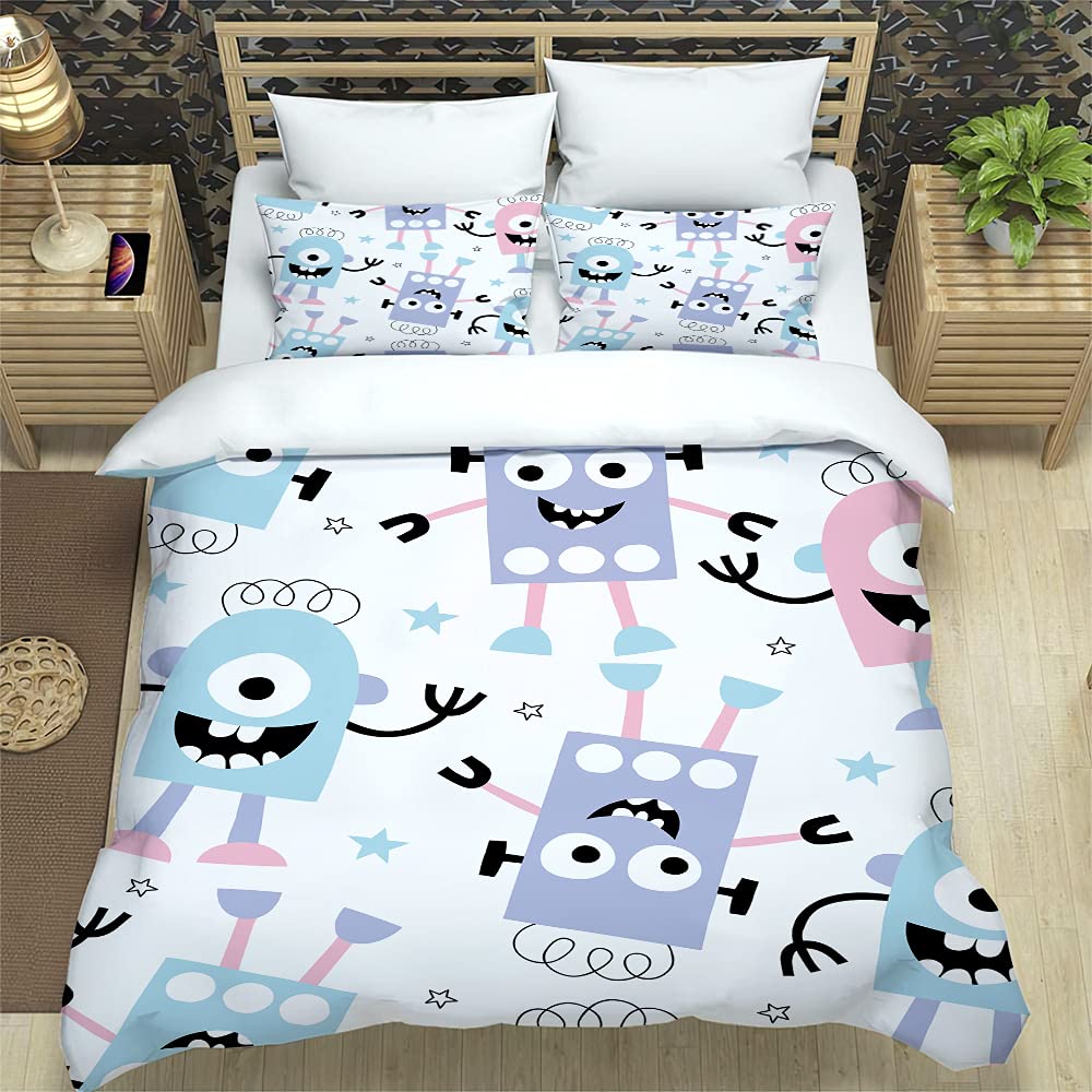 Funda Nordica Cama 90 El Robot Azul Microfibra Funda Nórdica 135X200,Funda Edredon 3 Piezas Transpirable Nordicos Bedding,Juego Funda Nordica Cama,2 Fundas De Almohada