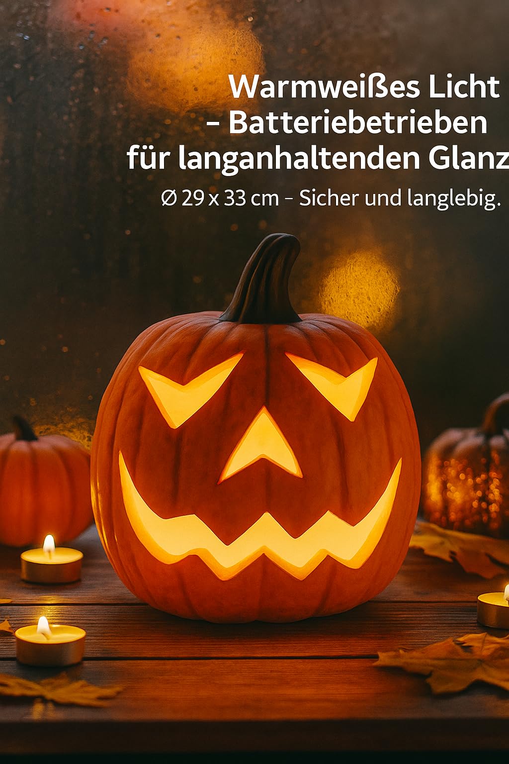 Herbstdeko Halloween Kürbis mit LED – Polyresin, 29 x 33 cm, warmweiß