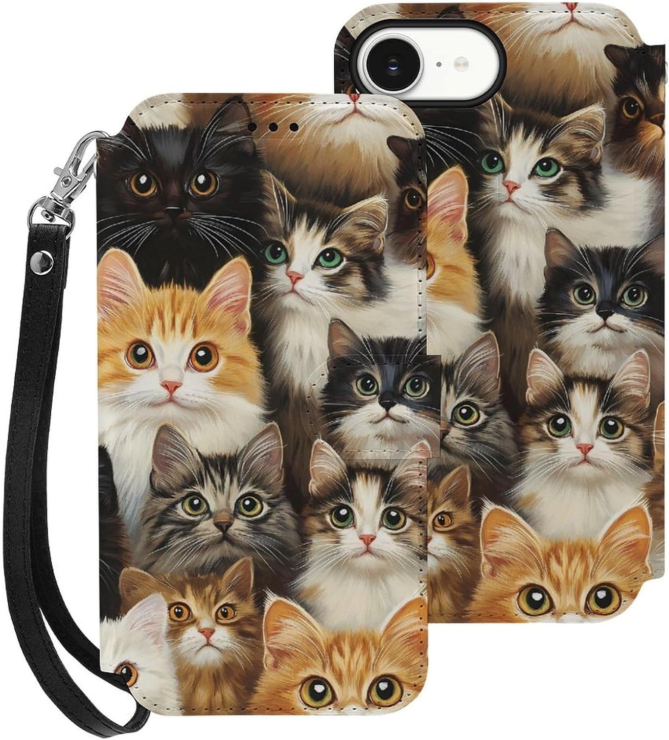 Cute Cats Compatible with iPhone 16/16 Plus/16 Pro/16 Pro Max/16 E Case Phone Wallet Card Holder Flip Cover with Wrist Strap