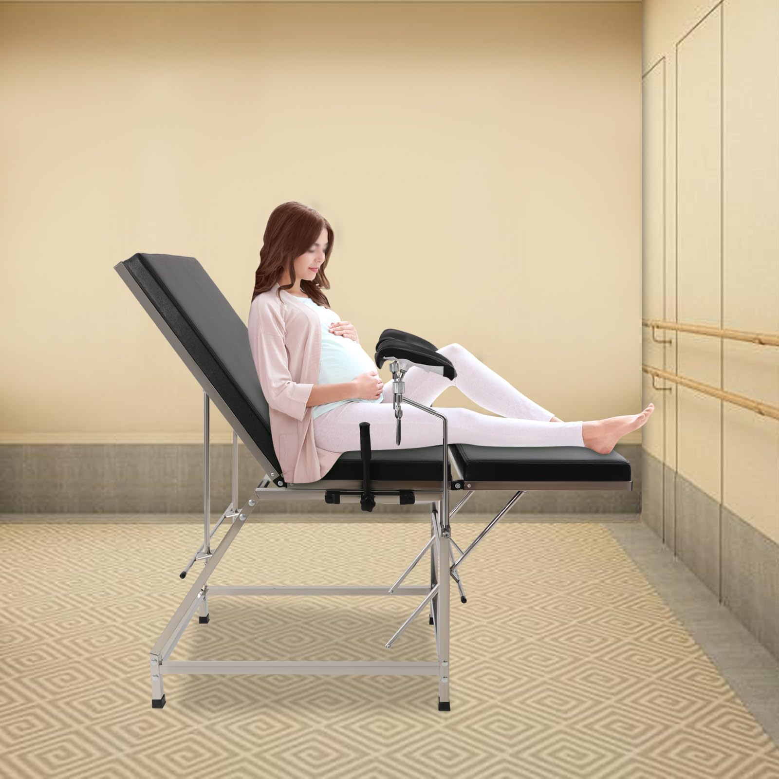 Gynäkologischer Untersuchungsstuhl aus 201 Edelstahl mit PU Polsterung, Schwarz/Rot, Bis 200kg Belastbar, Freistehend, Modernes Design für Frauenarztpraxen und Kliniken (Schwarz) - 5