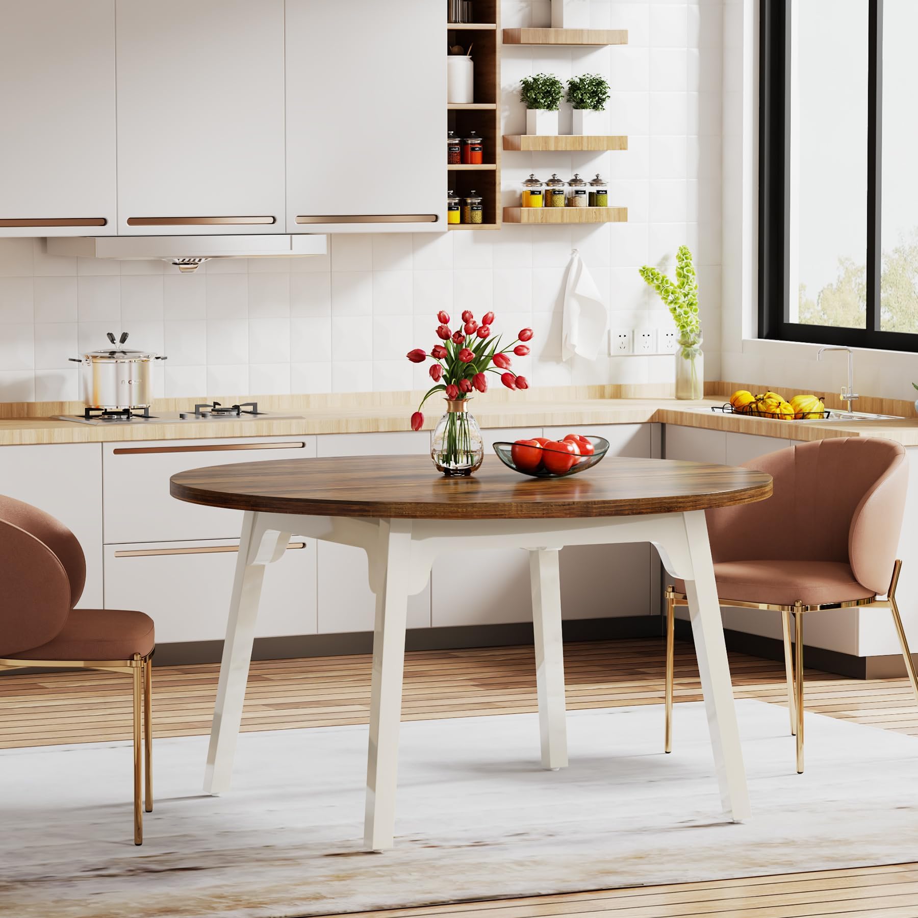 Tribesigns Mesa de Comedor Redonda para 4-6 Personas, 120CM Mesa de Cocina Círculo con Superficie de Textura de Madera,Mesa de Comedor con Patas de Madera Maciza para Cocina, Salón, Marrón y Blanco