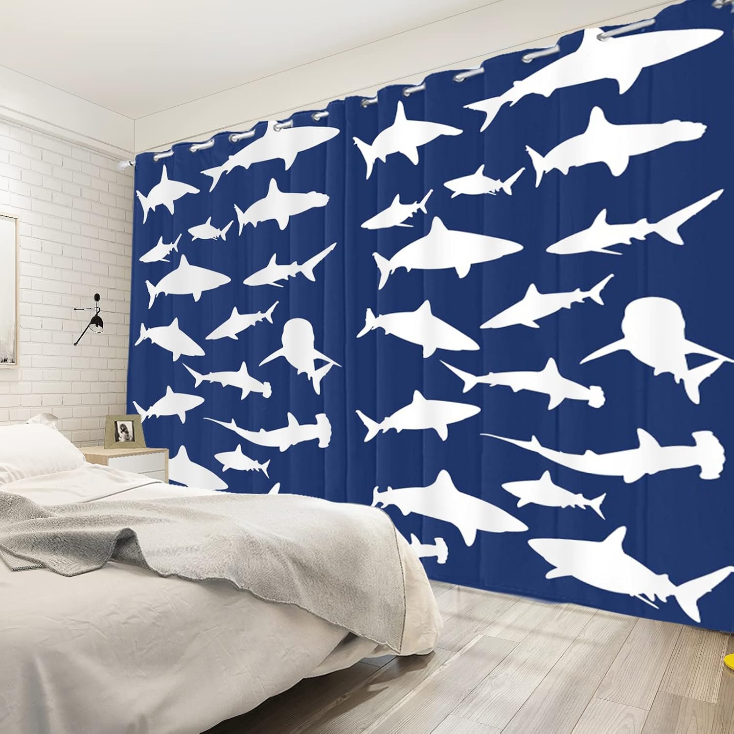 Cute Whales Window Curtains White Sharks Pattern Printed Navy Blue Blackout Window Drapes for Living Room Kids Bedroom Decor Window Treatments Fabric Set of 2 Panel, 21x45 Inch